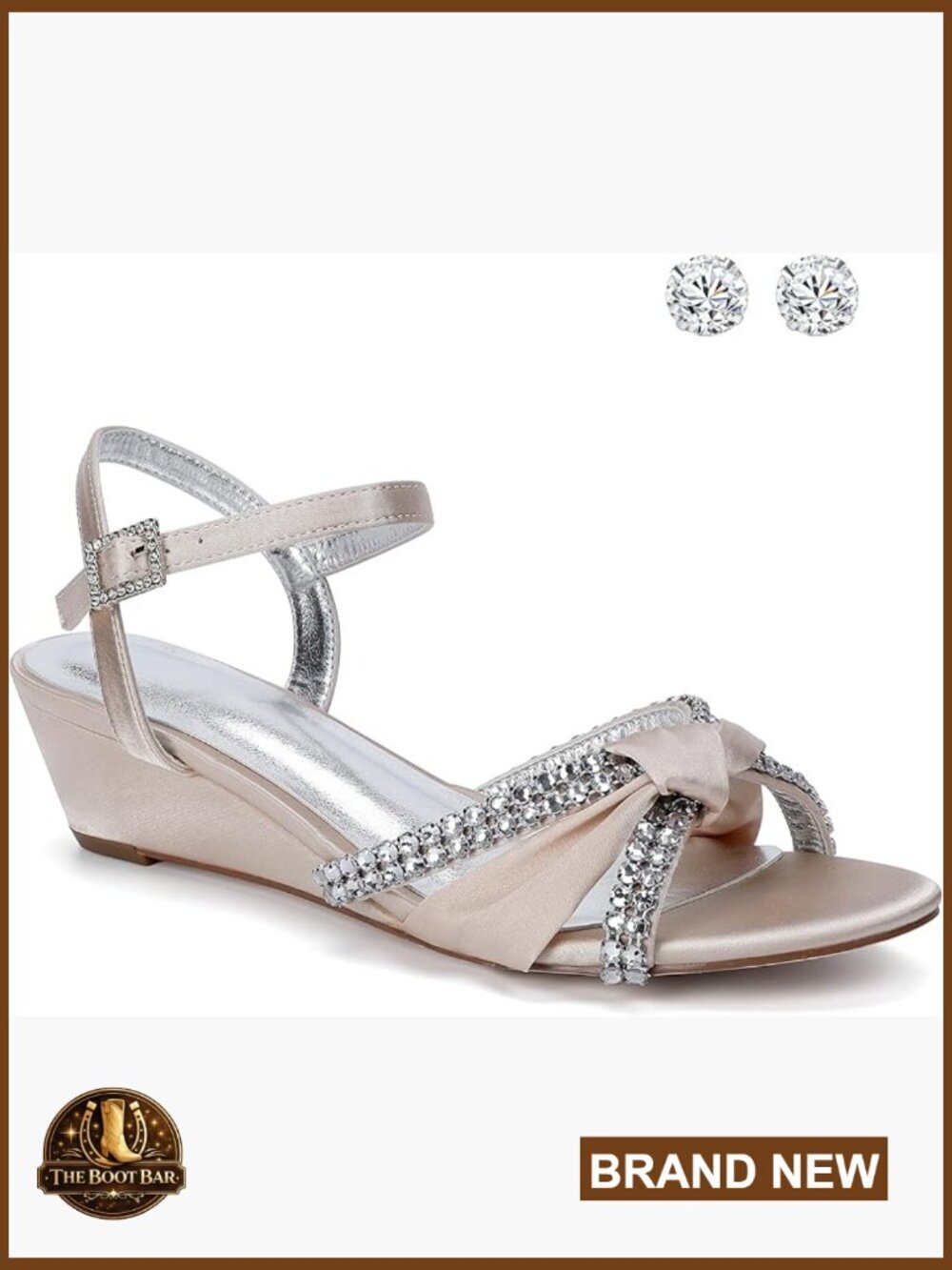 Satin Wedge Sandals Rhinestone Bowknot Wedding Party Shoes with Ear Stud